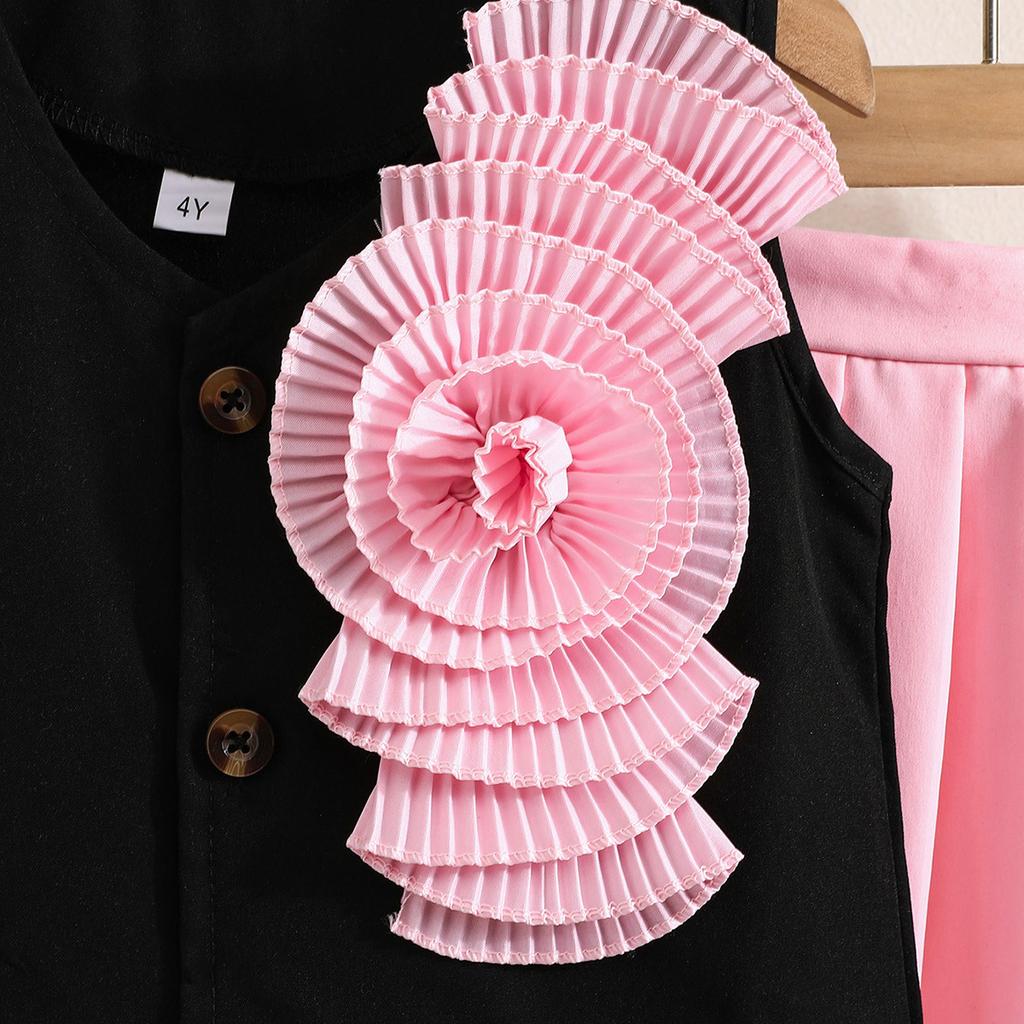 Mädchen Sommer Outfit Satin Floral Schwarz Ärmelloses Top + Rosa Faltenrock College Stil