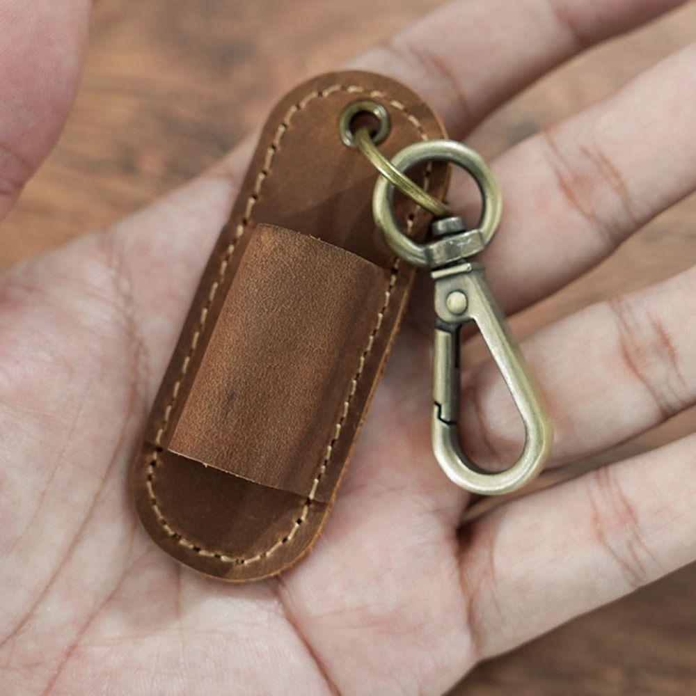 Portable Genuine Leather Pen Case Removable Pen Tray Pen Pouch Keychain Badge Holder