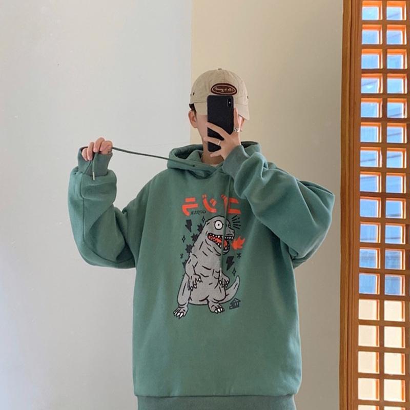 Man Woman Oversize Hoodie Spring Autumn Loose Cartoon Dinosaur Printing Pattern Drawstring Hoodie