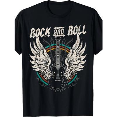 Europäische Größen Herren Vintage Rock and Roll Grafik-T-Shirt - Retro Musik-Tee mit Gitarren- und Flügel-Design, Bequeme Passform Kurzarm Freizeitshirt
