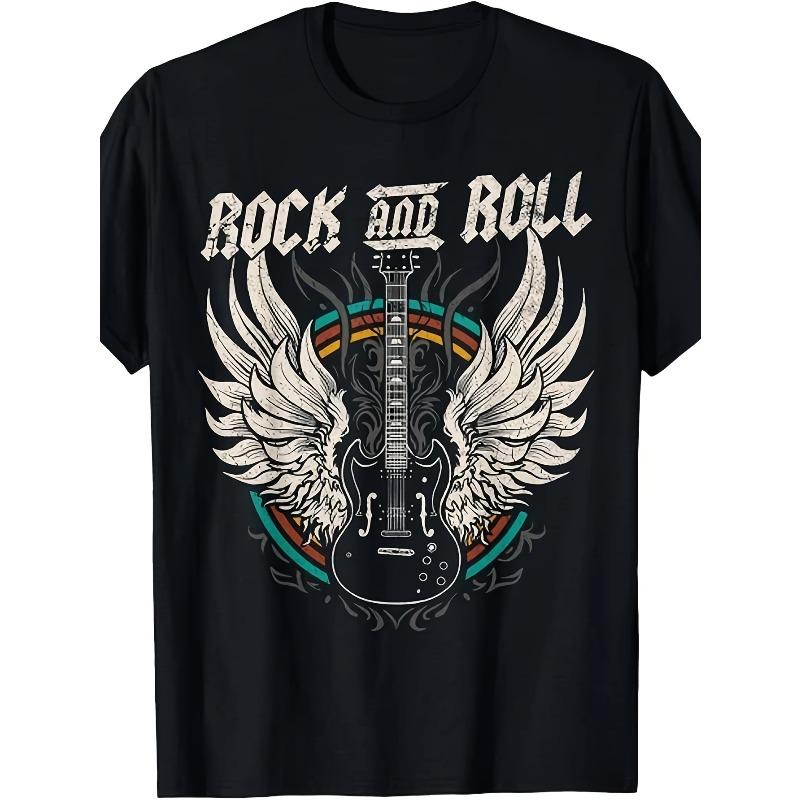 

European sizes Men S Vintage Rock and Roll Graphic T-Shirt - Retro Music Tee with Guitar & Wings Design,Comfort Fit Short Sleeve Casual Shirt 4XL