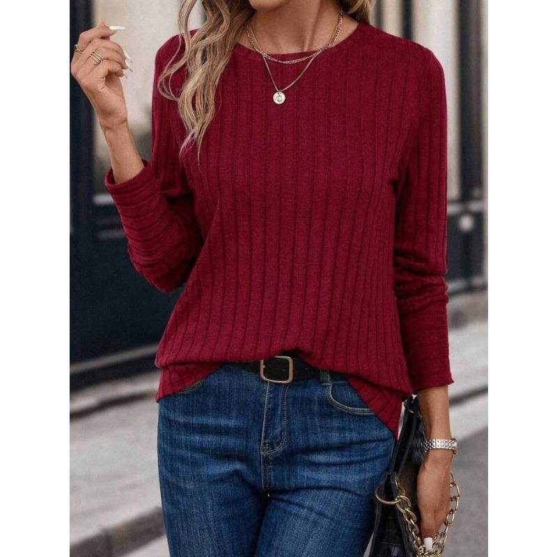 Solid Color Comfortable Round Neck Pit Stripe T-shirts for Spring and Autumn Casual Long Sleeves Women's T-shirts