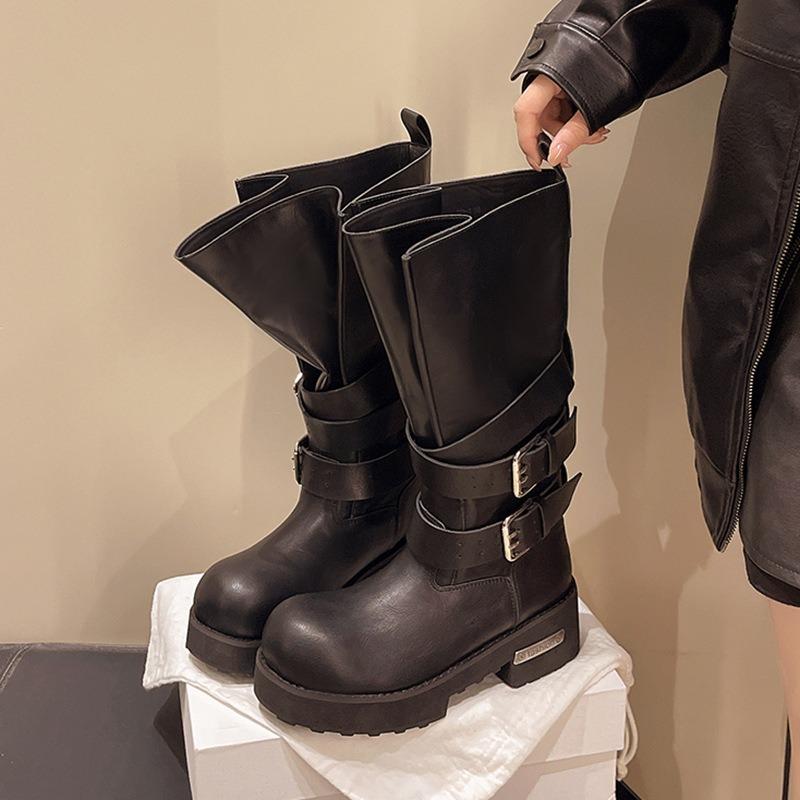 Fashion Large Size 35-42 Women Retro Belt Buckle Venom Boot Soft Bottom Motorcycle Boot Women Slope Heel Punk Fad Long Boots Botas Mujer