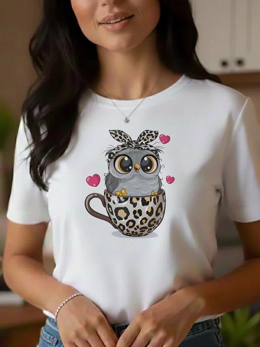 T-shirt with Owl with Hearts in a Mug print XL