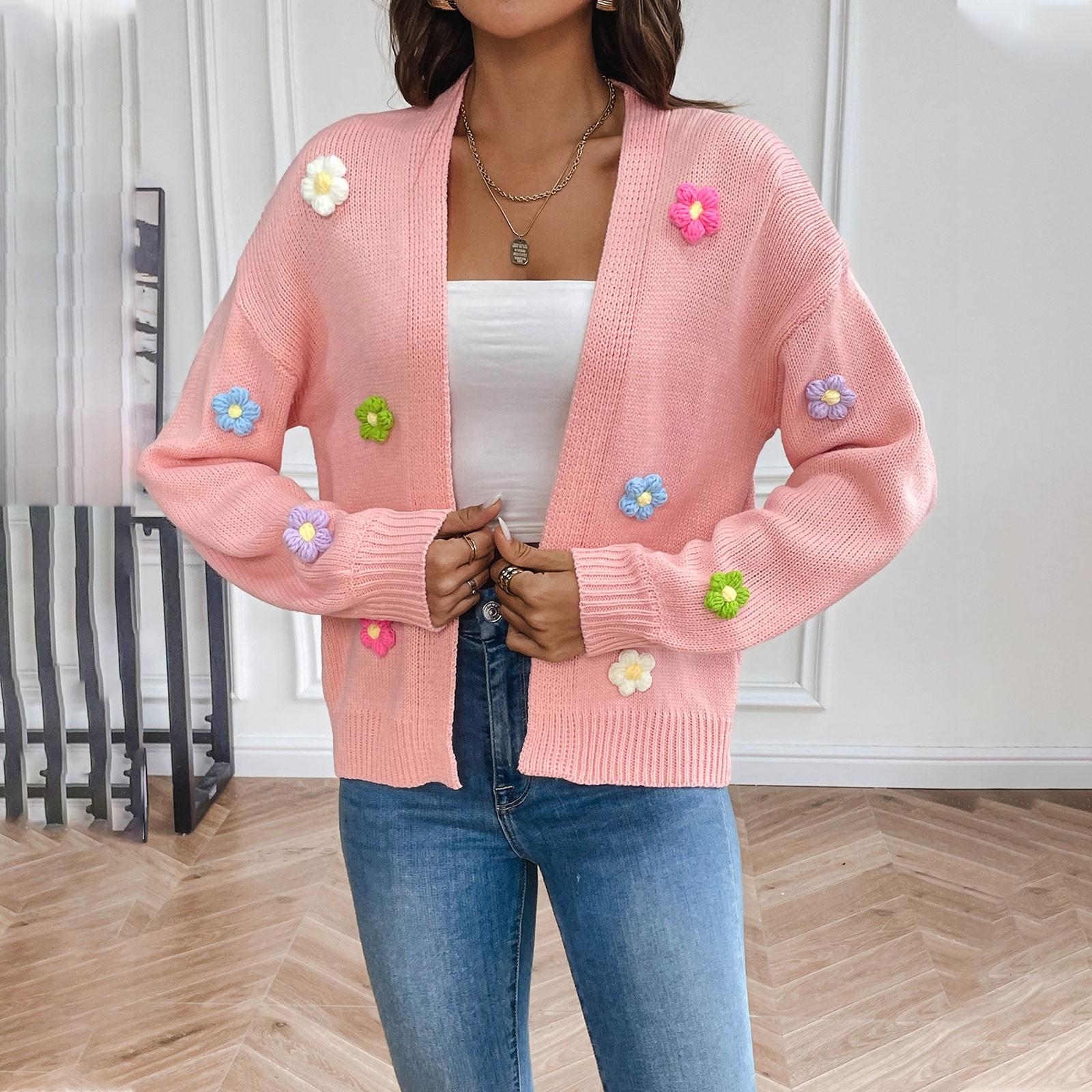 

Женская мода, вязаный крючком цветок, милый вязаный кардиган, свитер, куртка, женский ленивый стиль, повседневный свободный свитер S розовый