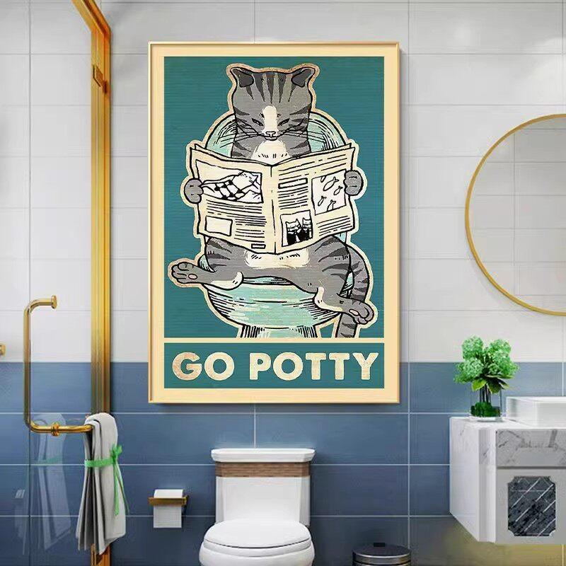 Retro Kitten Cartoon Canvas Painting Bathroom Toilet Poster Toilet Children's Room Decoration Painting for Modern Living Room Asian Style Home Decor