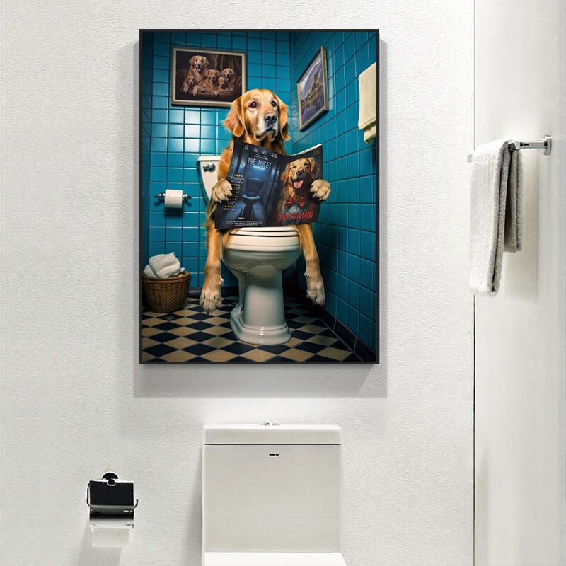 Zabawny plakat z krową szkocką, szympansem i psem Dekoracja toalety łazienki Zwierzę czytające gazetę Obraz na płótnie Sztuka ścienna Obrazy Dekoracja domu