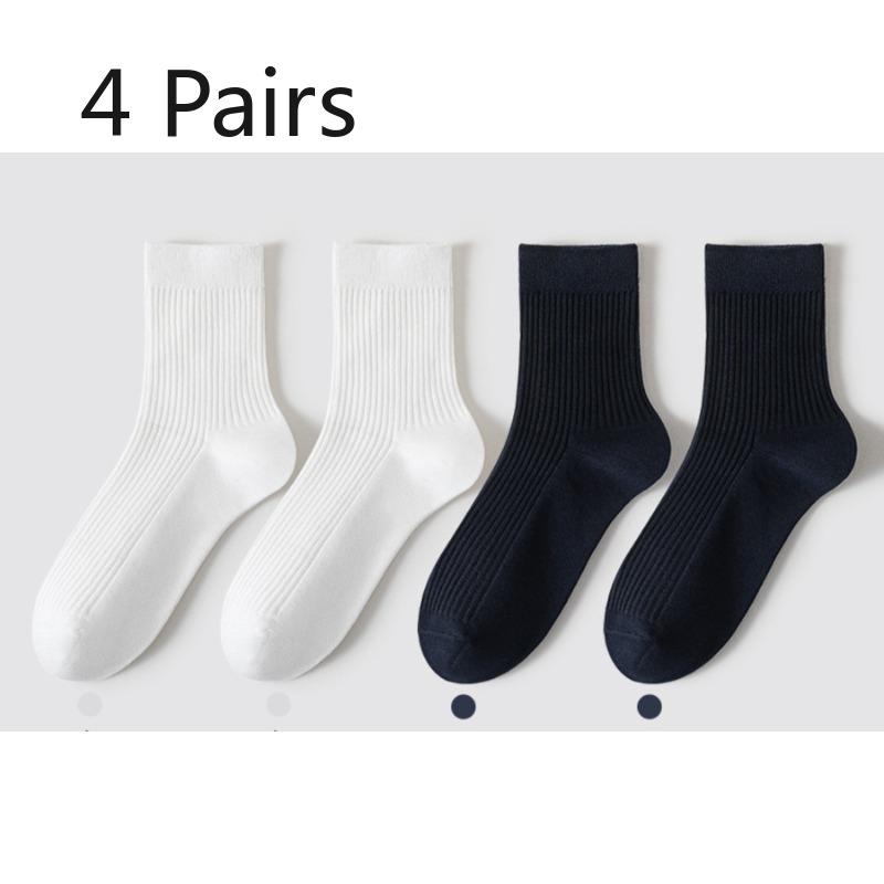4 Pairs of Men's Spring and Summer Mid-calf Socks, Vertical Anti-pilling Breathable Cotton Socks, Deodorizing and Sweat-absorbing Long Calf Socks
