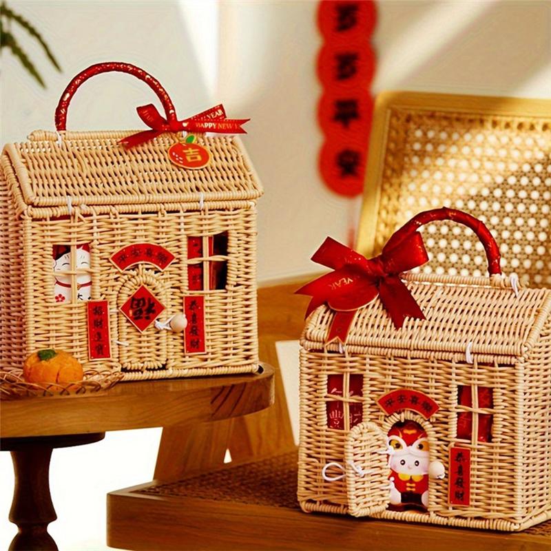 A74E-Rattan House Shaped Basket With Lid, Decorative Hand Woven Shelf Organizer Featuring A Folding Handle, Harvest Wicker Baske