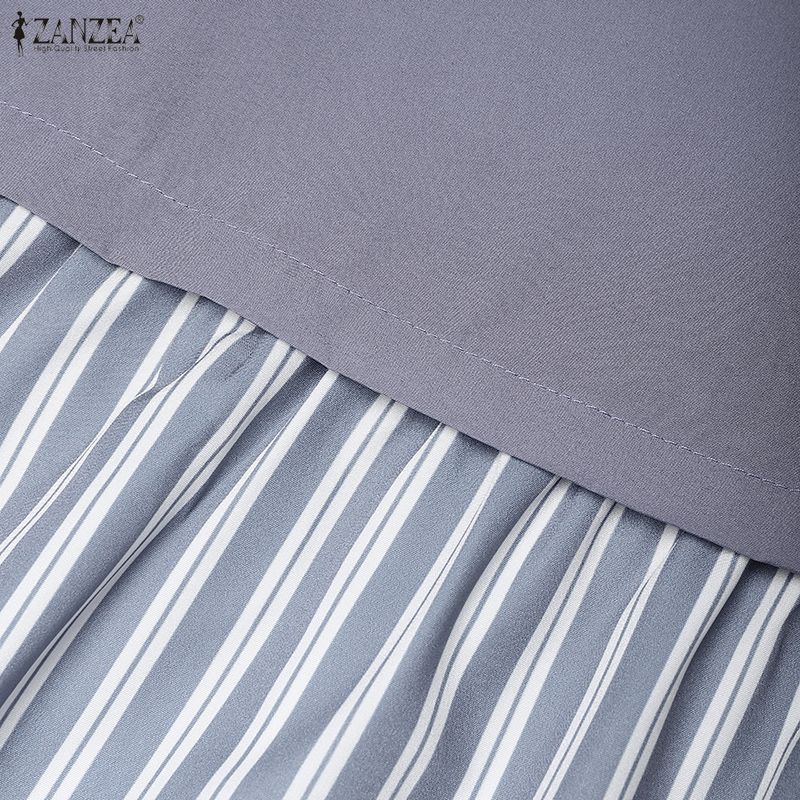 ZANZEA Women Casual Round Neck Long Sleeve Stripe Splice Loose Long Dress