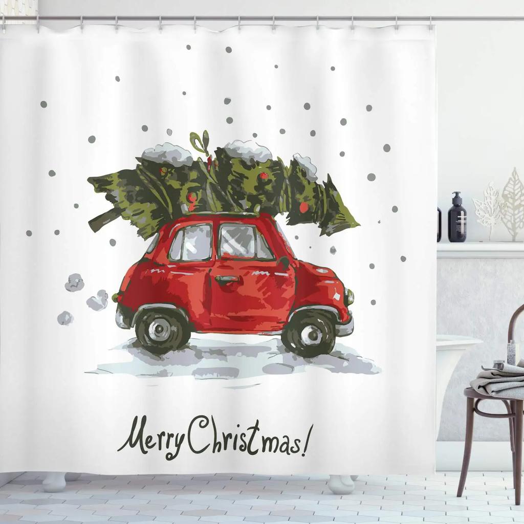 Christmas Shower Curtain Fireplace Gifts&Socks New Year Holiday Bathroom Decor Red Shower Curtains for Christmas Bathroom Sets