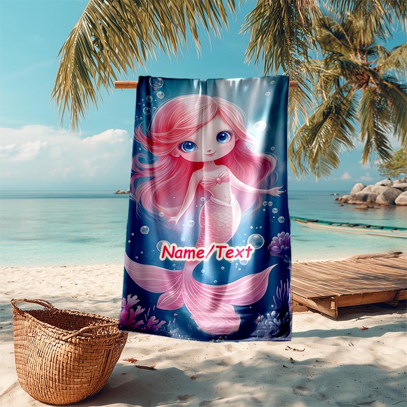 1PC Custom Name Mermaid Fantasy Underwater Scene Beach Towel Highly Absorbent And Sand-Resistant Towel for Swimming, Pool, Yoga, And Travel Lightweigh