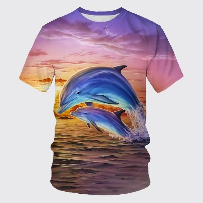 Summer New Cute Dolphin Pattern Men's Printed T-shirt Street Popular Harajuku Round Neck Plus Size Fashion Top Short Sleeve