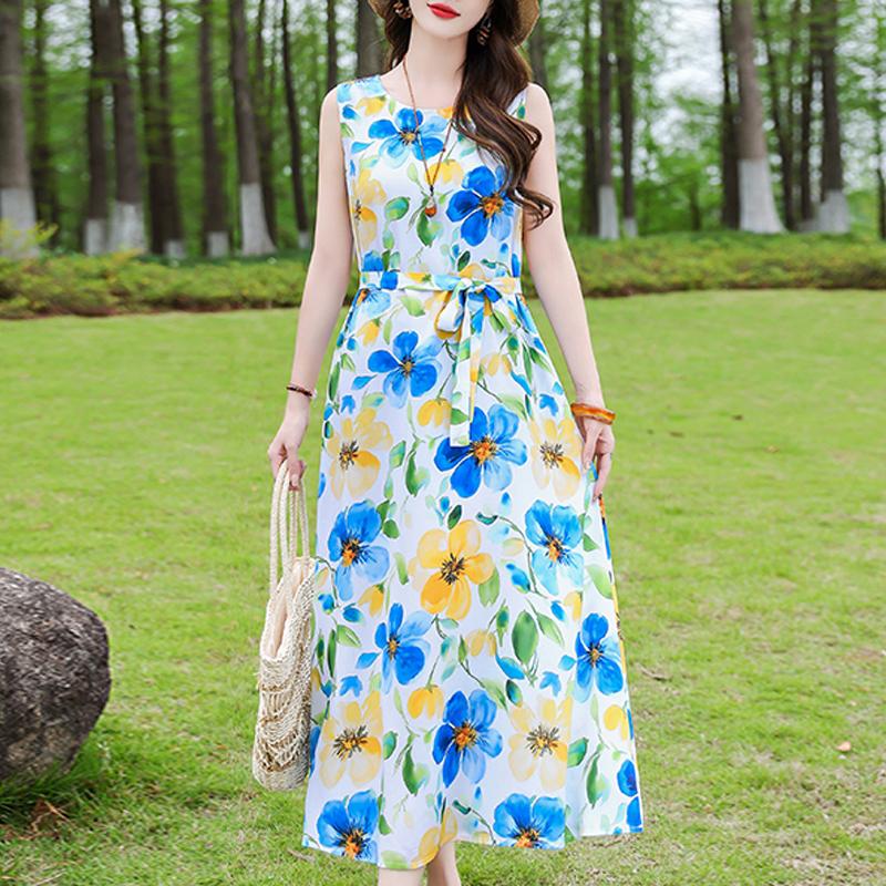 Casual Summer Dresses for Women Vintage Clothes Loose Sleeveless Plus Size Elegant Long Dress With Belt
