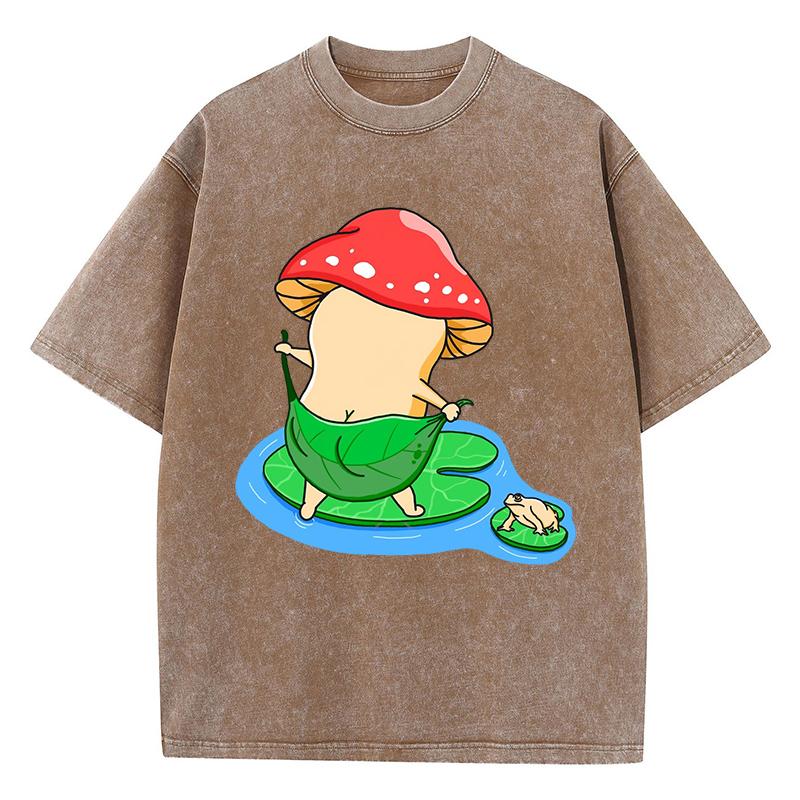Bath Mushroom Cartoon Printing Women Washed T Shirt Cotton Oversized T-Shirt Casual  Top Summer Soft Streetwear