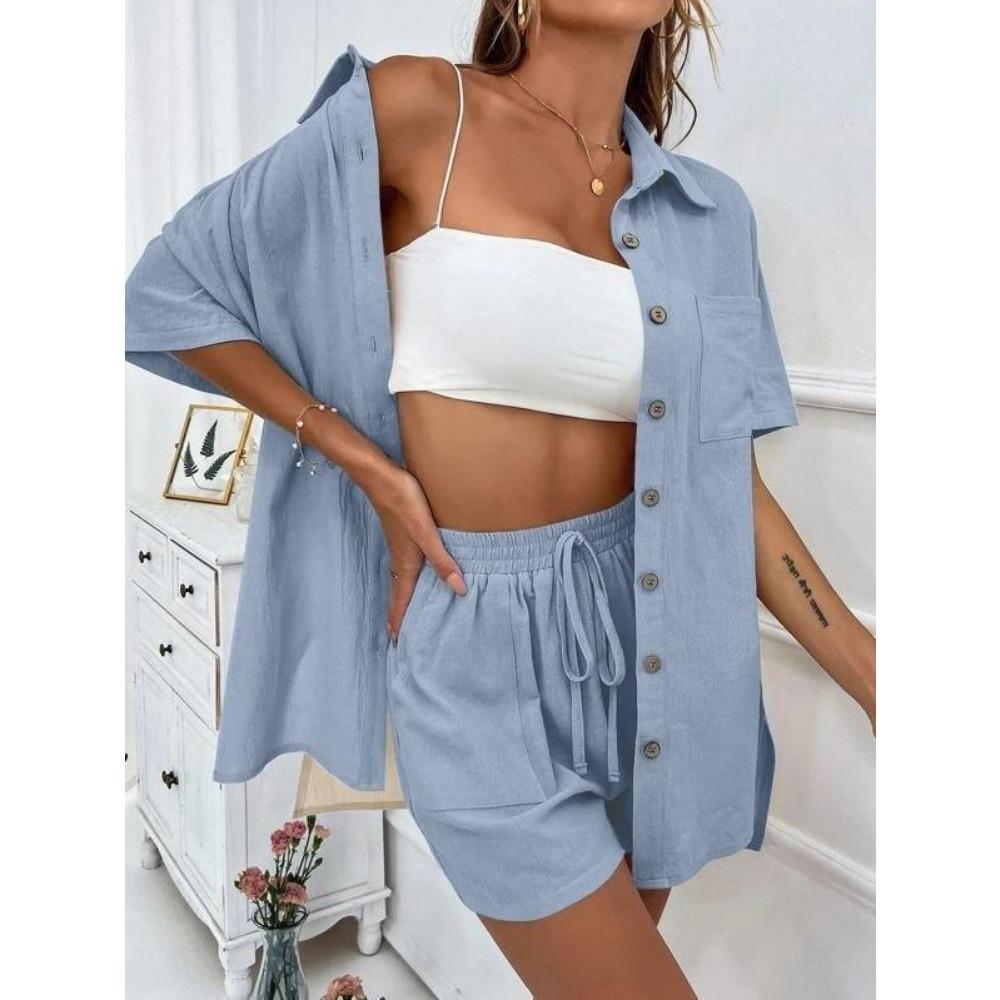 European American Outdoor Street Women's Shirt Shorts 2-piece Set Summer Women's Short Sleeved Shirt Shorts Home Vacation Casual Women's Set
