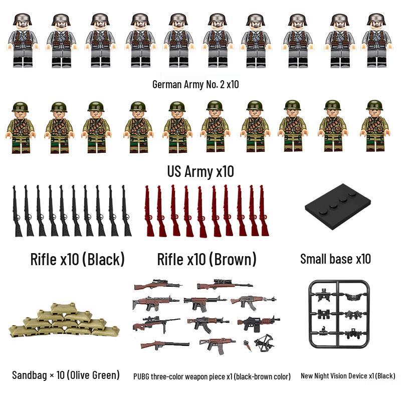 93-Piece WWII Military Building Blocks: US, German, British, Soviet Army Figures