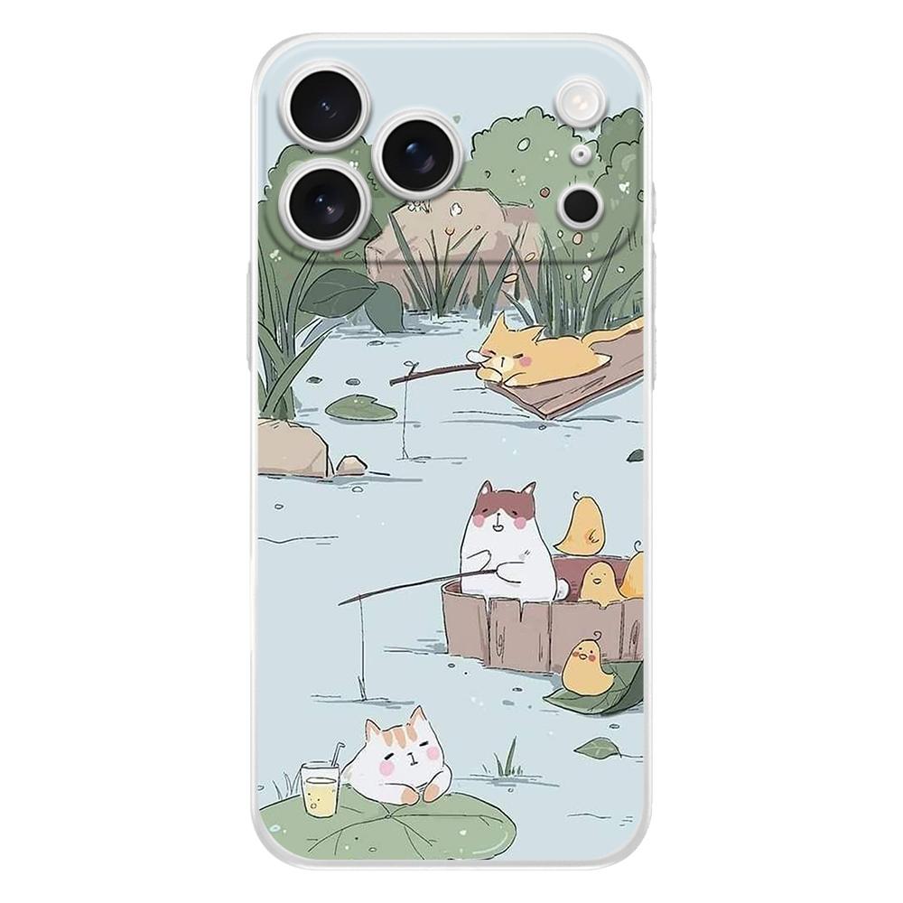 Soft Clear TPU Phone Case For iPhone 17 Air 16E 16 11 15 14 Pro MAX 12 13 7 8 Plus SE Easter Cover Protection Cat Fishing
