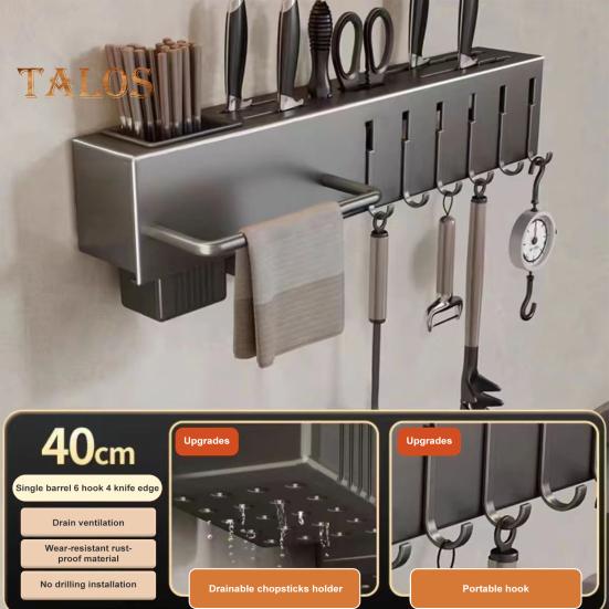 Kitchen Cutlery Holder Wall Mounted Cutter Holder with Hooks Carbon Steel Cutter Storage Rack for Spoon Chopsticks Rust-Resistant Kitchen Utensil