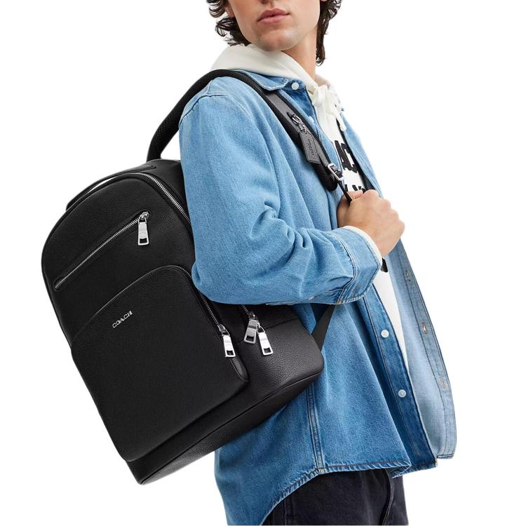 Coach Ethan 32 Letter Logo Silver Hardware Refined Pebble Leather Backpack Large Men backpack Black CZ391-SVBK