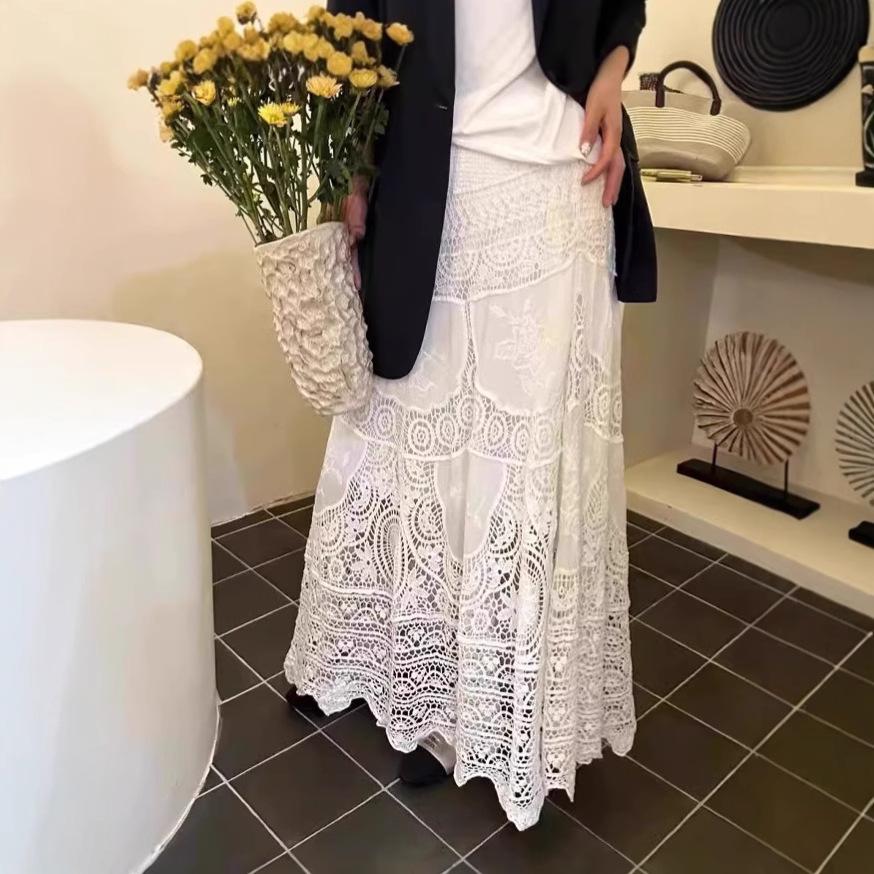 DIMANAF 2025 Fustă Nouă de Sărbătoare Femei Tricotaj Dantelă Lungă Uni Decupată Sexy Decupată Stil de Vară Rochie de Bază