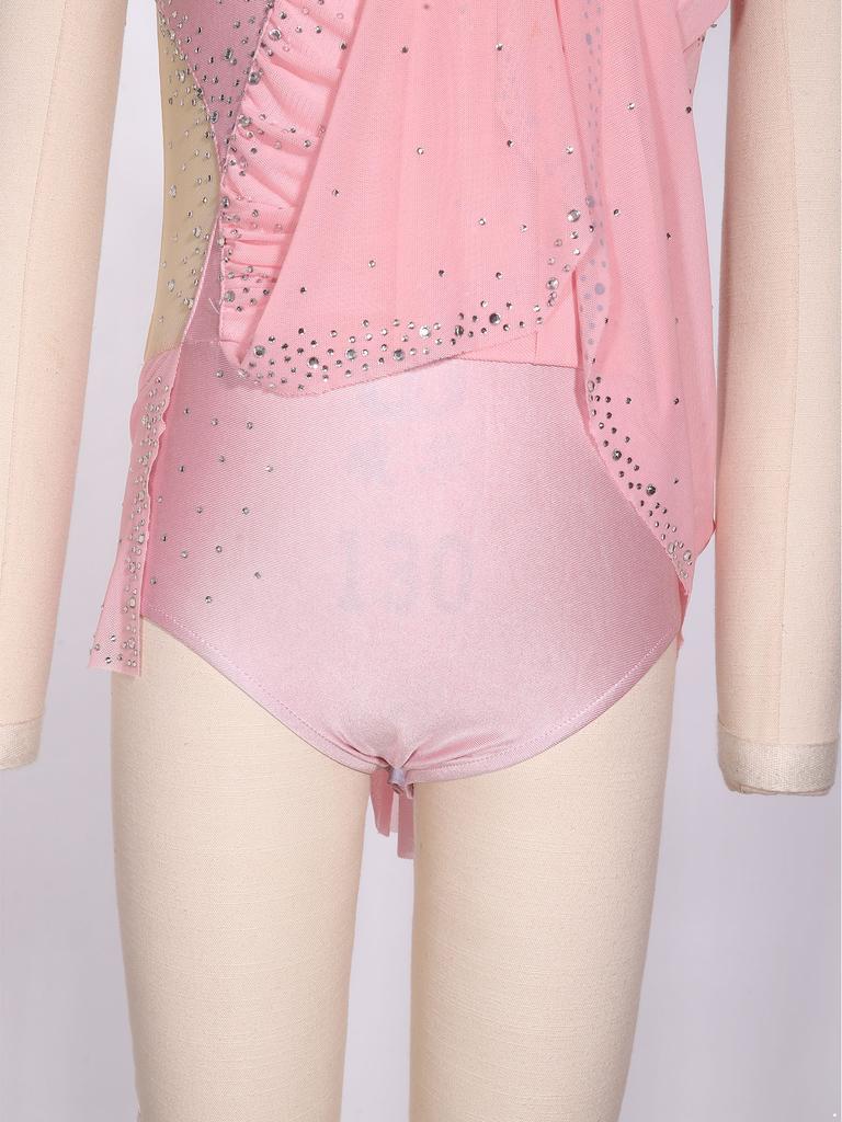 Girls Figure Skating Dress Sleeveless Sparkly Rhinestones Ruched Mesh Built In Briefs Dancewear
