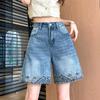 Women's Summer High-Waisted Embroidered Lace A-Line Denim Shorts - Loose Fit, Petite, Wide-Leg, Five-Point Design