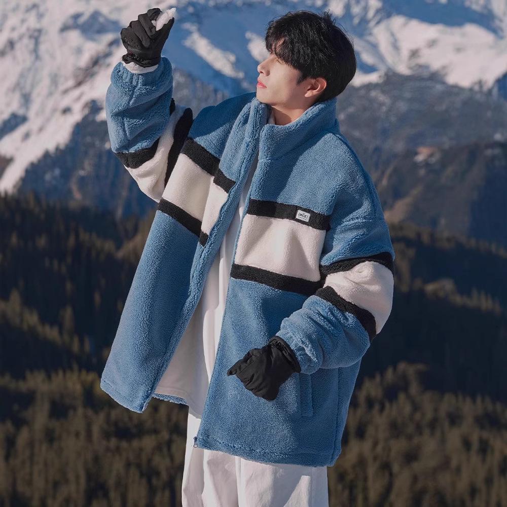 Veste deux pièces Homme Automne et Hiver Nouveau Style Peluche Peluche Épaissie Ample Uniforme de Baseball Vêtement de Travail