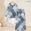 Women Plus Size Blue Gray Printed Round Neck Long Sleeve High Low Top Wide Leg Pants Two Piece Set