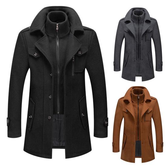 Men Woolen Coat Double Stand Collar Long Sleeve Single-Breasted Solid Color Jacket with Pockets Autumn Winter Mid-length Outwear
