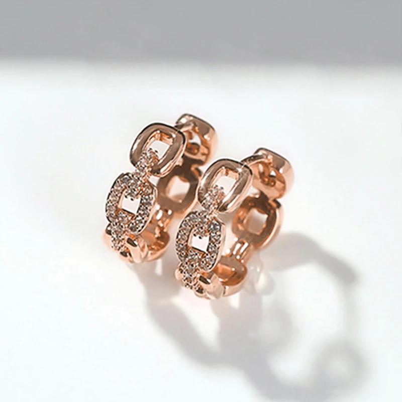 Chic Unique Chain Link Designed Female Hoop Earrings Shiny CZ Rose Gold Color Earrings Trendy Dainty Engagement Jewelry