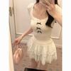 Pure Desire Lace Short-sleeved Women's Summer Style Slim Waist Design Right Shoulder Top