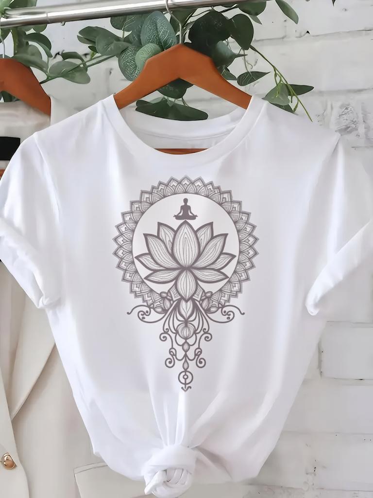 Damen Soft Atmungsaktiv Mandala für Lotus Print T-Shirt - Lässige Passform für Sommer Frühling - Weiß mit Komplexem Schwarz für Lotus Design