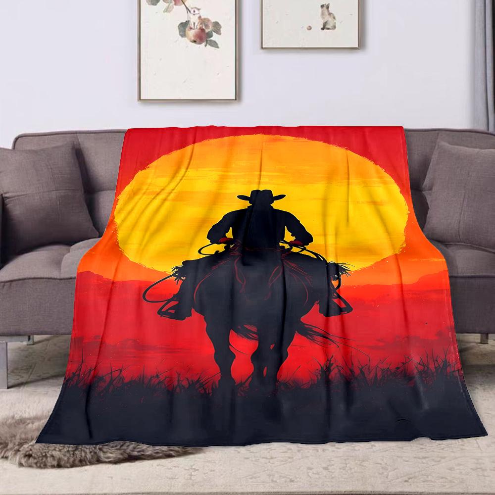 "Silhouette Cowboy At Sunset" Patterned Flannel Blanket Perfect for the Bedroom Living Room, Sofa, or a Little Nap