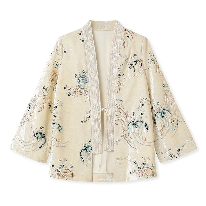 Guofeng Ocean Wave Pattern Jacket Spring Fashion High-end V-Neck Lace-Up Cardigan Top Women S