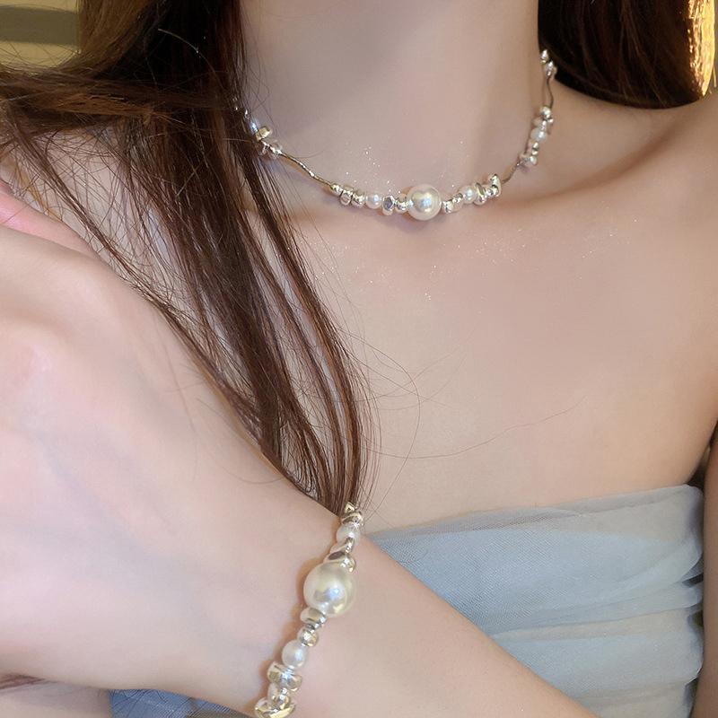 Irregular Broken Silver Pearl Necklace Bracelet For Women Girls Temperamental Geometric Jewelry Gift