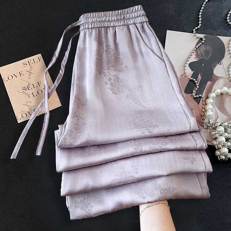 Chinese Style Ice Silk Acetate Wide-leg Pants for Women's In Summer Latest High-end Satin Small Cool Pants Straight Pants