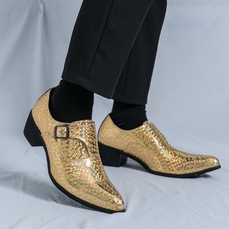 Fashion Luxury High Heel Casual Men Monk Strap Shoes Blue Black Gold Polishing Loafers Men Dress Shoes Wedding Office Leather Shoes Men