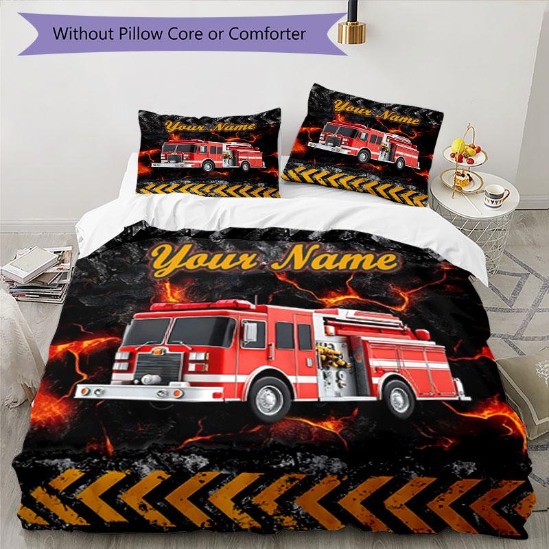 3PC Custom Name Fire Truck Adventure Bedding Set Duvet Cover Closure Includes 1 Duvet Cover & 2 Pillowcases for Bedroom