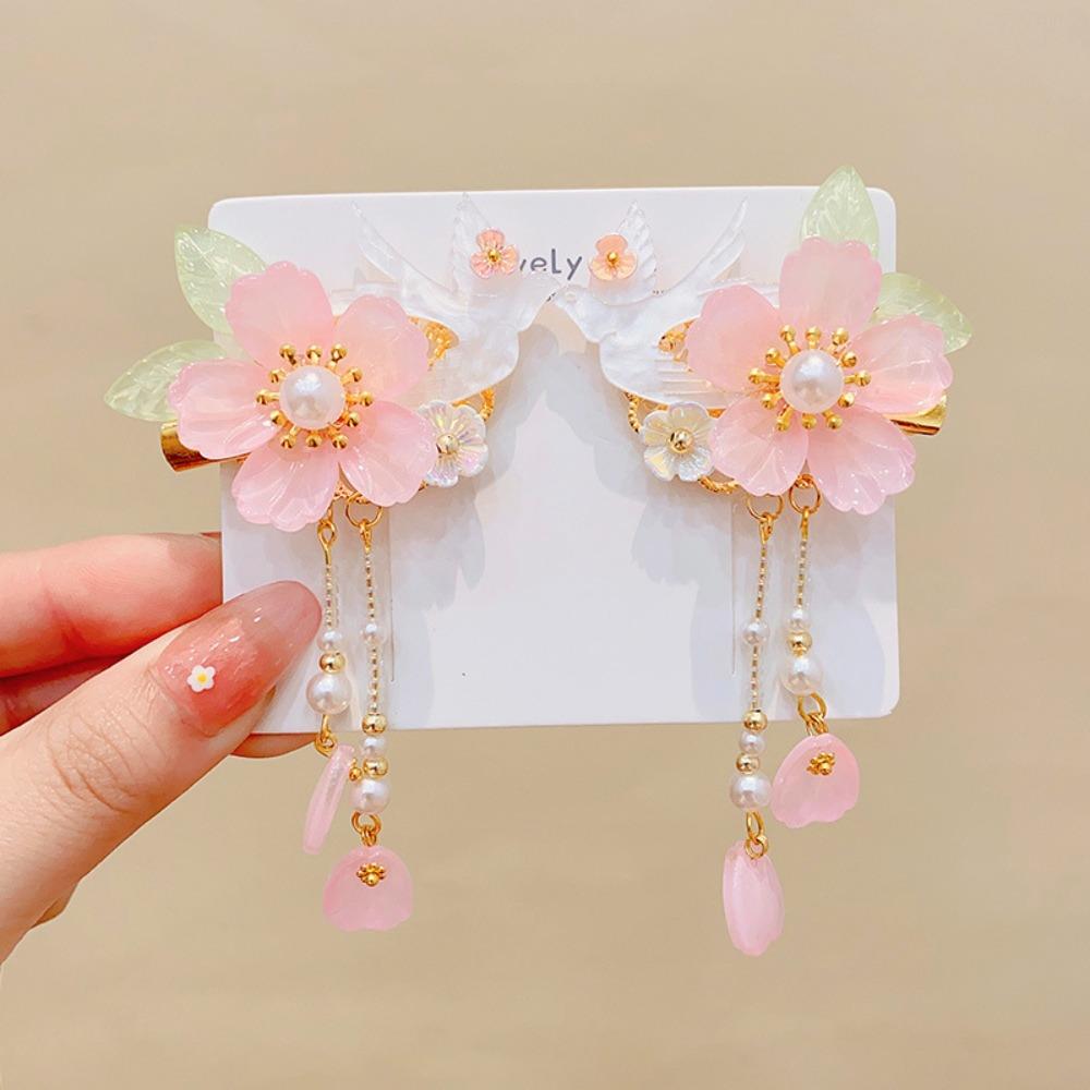 Fashion Pink Hair Clip Chinese Style Flower Tassel Hairpins Styling Accessory Barrette For Girls