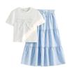 Girls' Fashionable Outfit - Summer Children's Bow-front Short-sleeved Top, Short-sleeved T-shirt, Casual Striped Skirt Set
