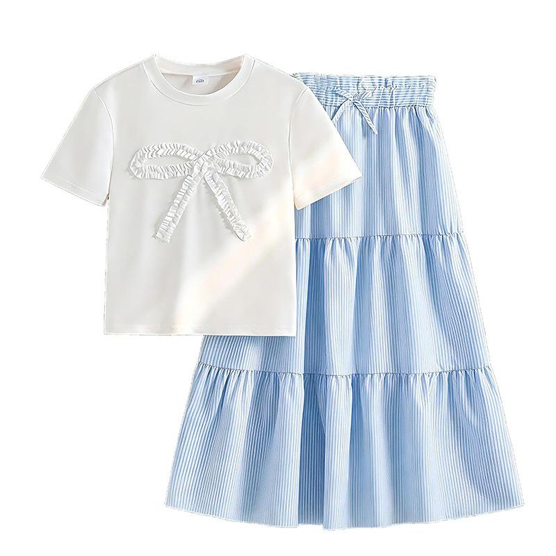 Girls' Fashionable Outfit - Summer Children's Bow-front Short-sleeved Top, Short-sleeved T-shirt, Casual Striped Skirt Set