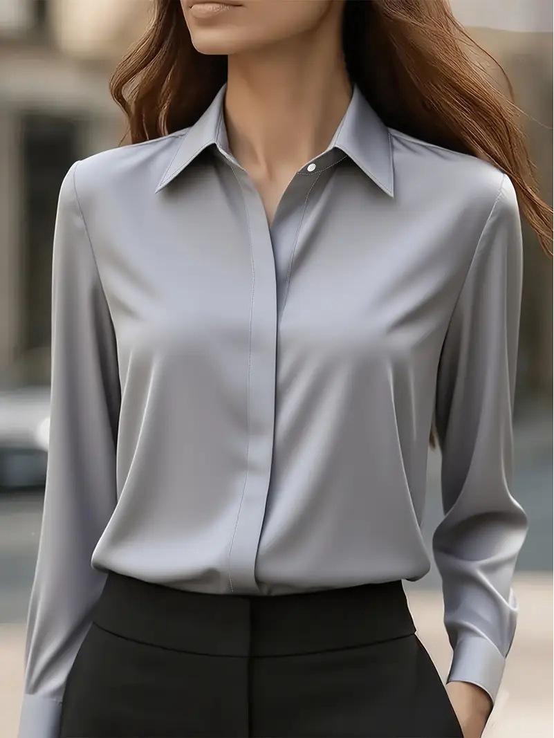 2025 Versatile Solid Color Satin Long Sleeve Lapel Shirt Double Extra Large серый