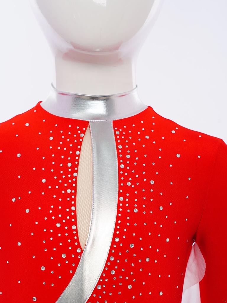 Girls Gymnastics Bodysuit Sheer Mesh Ruffles Design Asymmetrical Long Sleeve Invisible Zipper Full Body Leotard