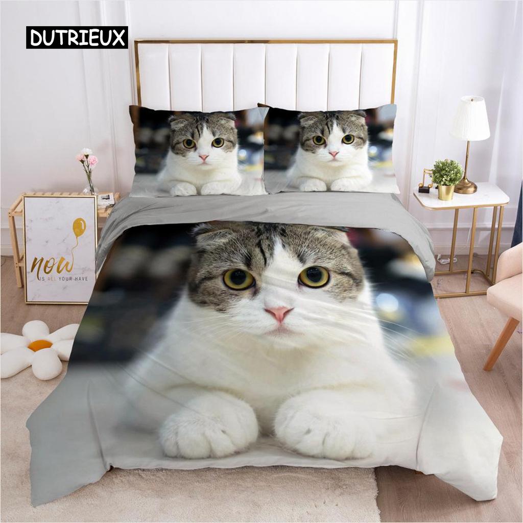 Cat Duvet Cover Set Cat Lover Gifts Bedding Set Microfiber Cute Kitten Pattern Animal Theme Double Queen King Size Quilt Cover