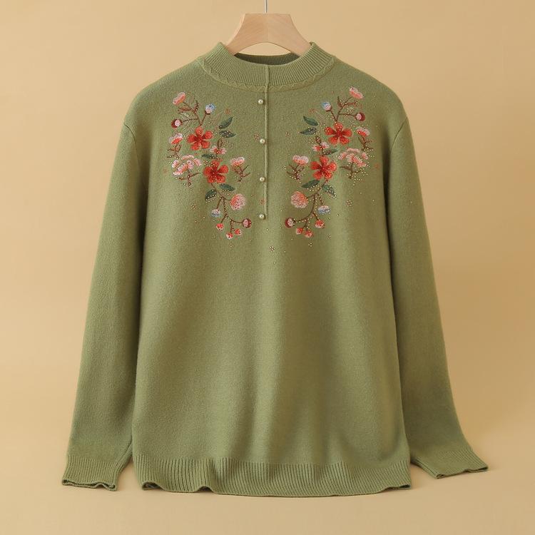 Sweater Autumn and Winter Women Fashion Embroidered Sweater Pullover Women's Clothing Plus Velvet Warm Top 60-year-old Chinese Style Autumn Clothes