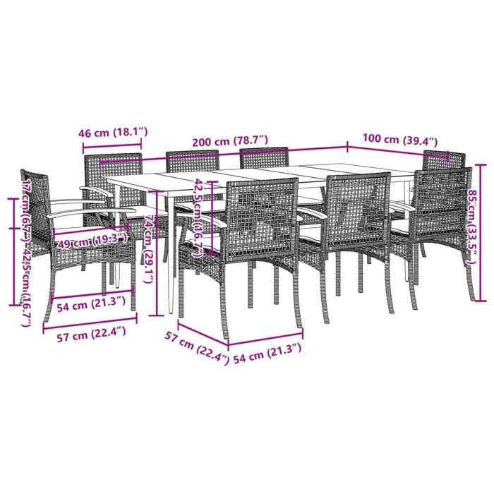 VidaXL Ensemble à Manger de Jardin avec Coussins 9 pcs, Table et Chaise de Terrasse, Meubles de Patio, Mobilier d'Extérieur, 3213602