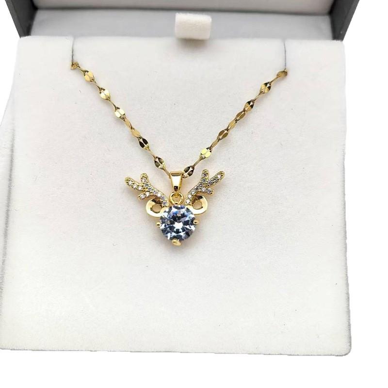 1 Pcs Fashionable Women's Necklace Copper Pendant Glass Antlers with Steel Collarbone Chain Girl's Beautiful Gift