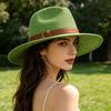 Women Jazz Hat Wide Brim Faux Leather Belt Decor Beach Straw Hat Adjustable Size UV Protection Foldable Summer Hat