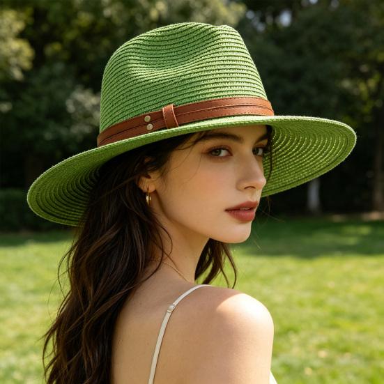 Women Jazz Hat Wide Brim Faux Leather Belt Decor Beach Straw Hat Adjustable Size UV Protection Foldable Summer Hat